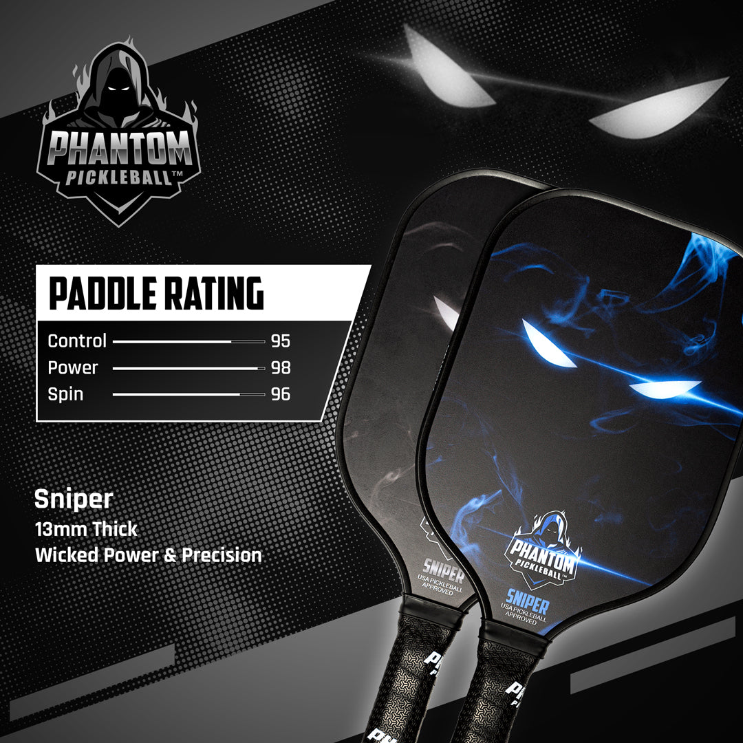 The Phantom Pickleball PHANTOM SNIPER 13MM T800 Carbon Fiber Pro Paddle features a black background with glowing blue and white eyes and smoke. Part of the Power & Precision Series: Control 95, Power 98, Spin 96. Logo at top left. Includes cover.