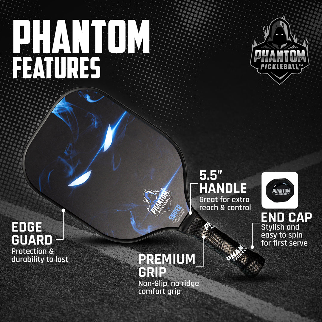 A black Phantom Pickleball PHANTOM SNIPER 13MM T800 Carbon Fiber Pro Paddle with blue streaks lies on a court. This elongated paddle features an edge guard, 5.5" handle, stylish end cap, and premium non-slip grip from the Power and Precision series.