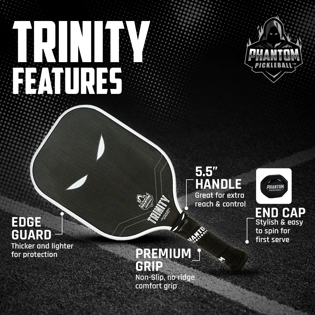 The black Phantom TRINITY 14MM T700 Raw Carbon Fiber Pickleball Paddle by Phantom Pickleball features a raw carbon face, white eye-like accents, edge guard, 5.5" premium handle with grip and end cap, plus a hooded figure logo on a dark background.