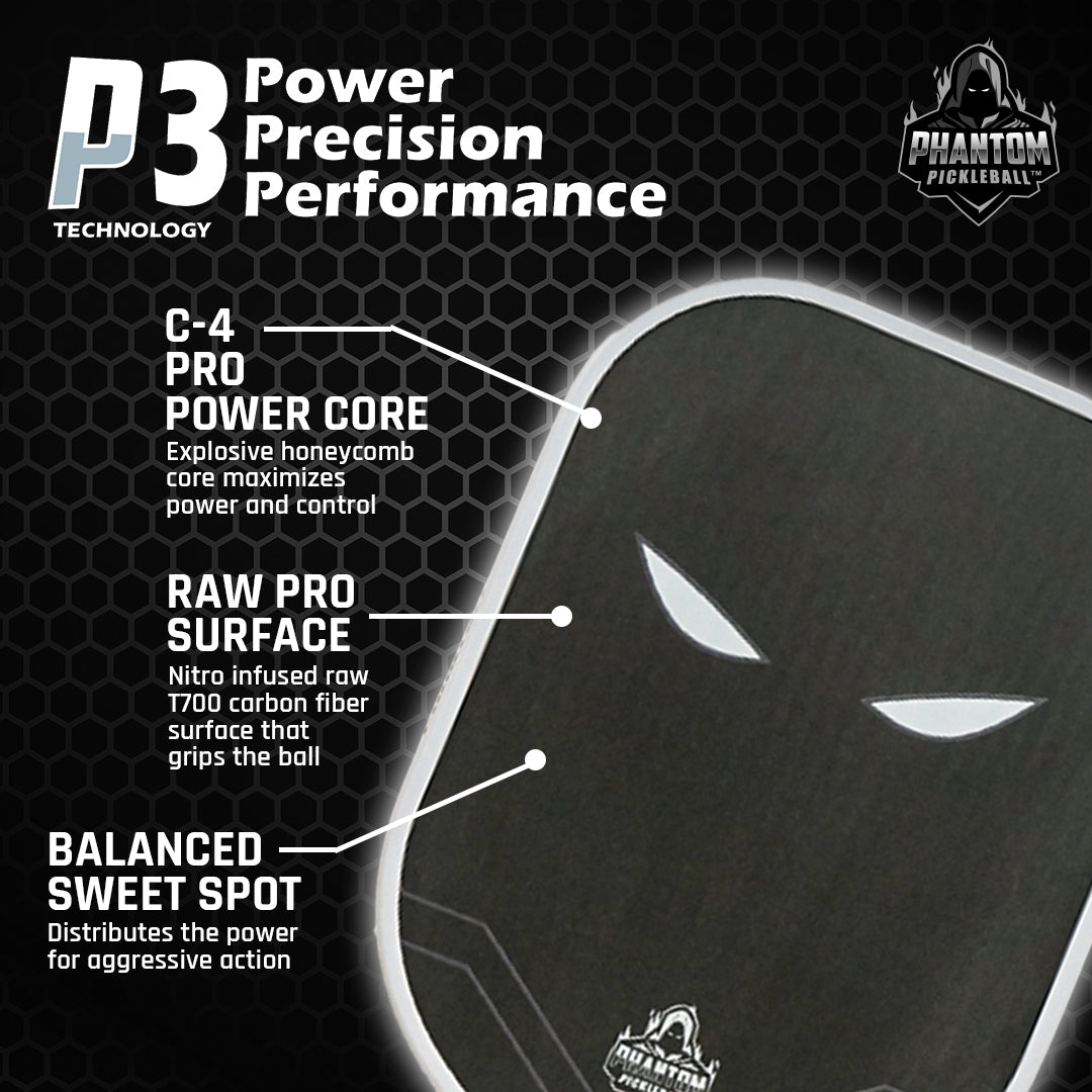 A close-up of the Phantom TRINITY 14MM T700 Raw Carbon Fiber Thermoformed Pro Pickleball Paddle by Phantom Pickleball shows a dark raw carbon surface, glowing white eyes, and text highlighting its C-4 Pro Power Core and Balanced Sweet Spot.