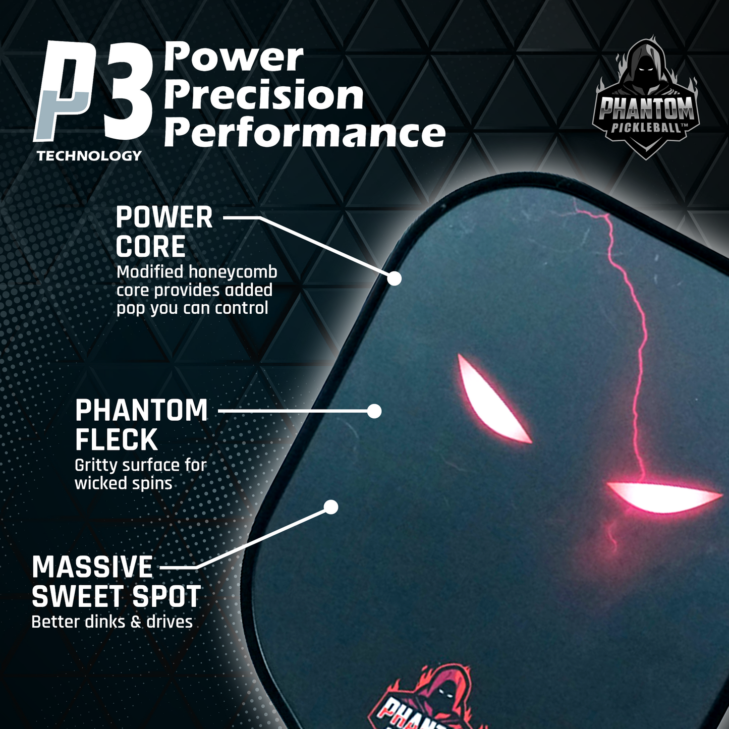 A close-up of the Phantom Pickleball's Phantom Eternal 14MM T700 Carbon Fiber Pickleball Paddle with Cover, featuring glowing red eye graphics, a control Power Core, Phantom Fleck surface for spin, and a Massive Sweet Spot for dinks & drives.