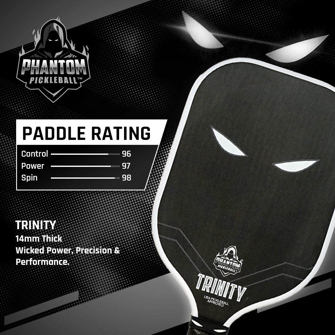 The Phantom Pickleball TRINITY 14MM T700 Raw Carbon Fiber Pro Paddle boasts a bold black design, white eyes, dynamic lines, and signature logo. Paddle ratings: Control 96, Power 97, Spin 98. Part of the Advanced Response Series.