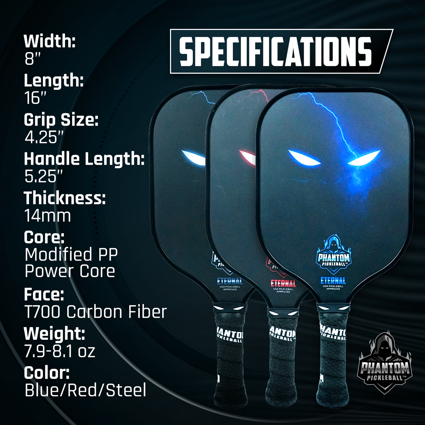 Three Phantom Pickleball Phantom Eternal 14MM T700 Carbon Fiber Paddles feature glowing eyes, 8"x16" faces, 4.25" grip, 5.25" handle, modified PP core; weight: 7.9–8.1oz; colors: blue/red/steel; includes cover.