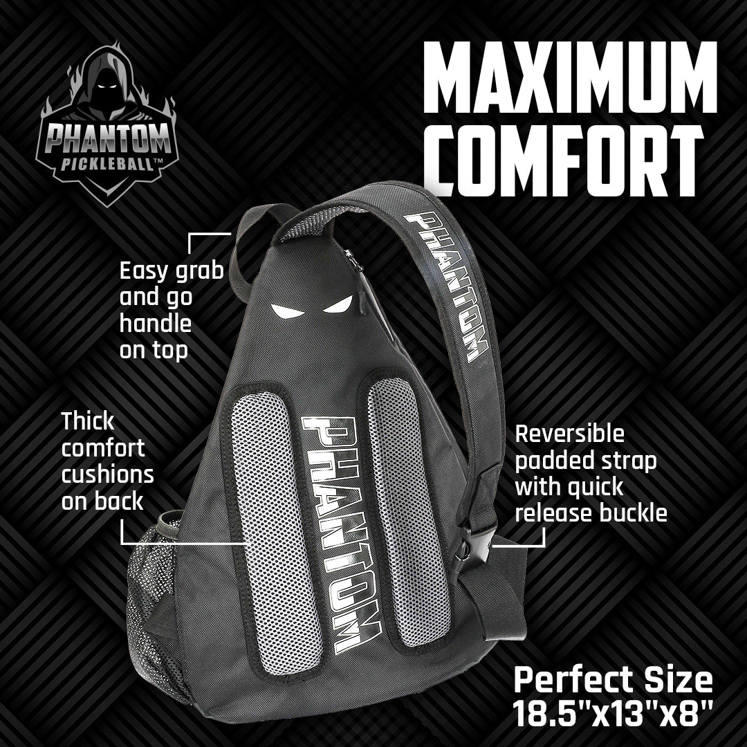 The Phantom Pickleball Sling Bag by Phantom Pickleball is a black bag with white “PHANTOM” branding, thick padded cushions, a top grab handle, and a wide reversible strap. Size: 18.5x13x8 in—perfect for carrying your pickleball gear.