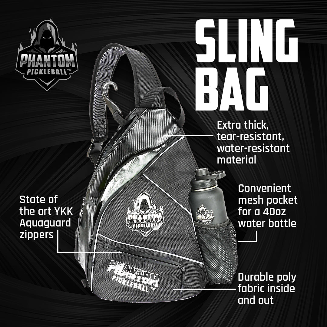The Phantom Pickleball Sling Bag by Phantom Pickleball features premium YKK Aquaguard zippers, tough water-resistant material, a mesh pocket for a 40oz bottle, and durable poly fabric—ideal for all your essential pickleball gear.