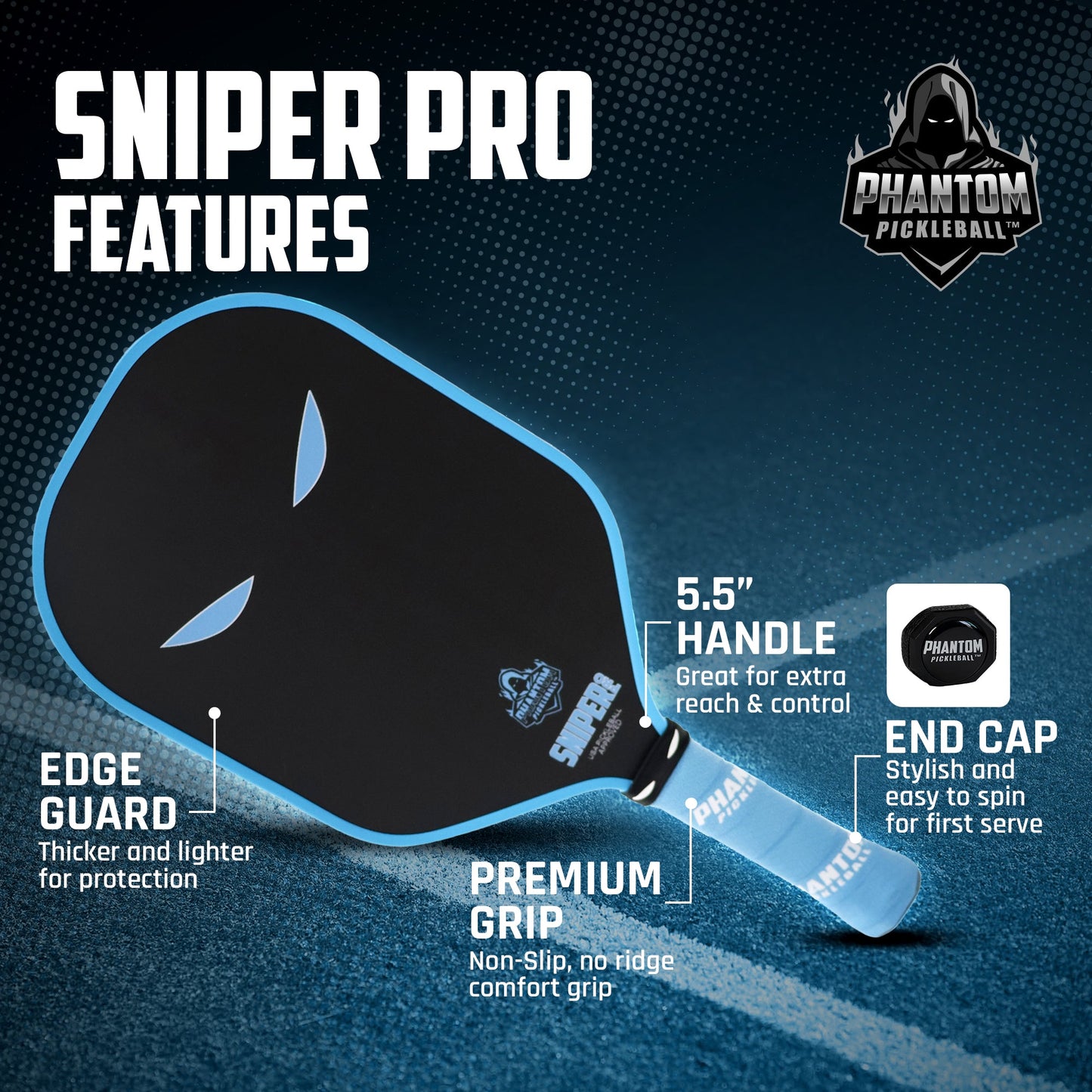 The Phantom Pickleball PHANTOM SNIPER PRO 12MM T700 paddle features a black raw carbon face with blue-edged, mask-shaped cutouts, edge guard, 5.5" handle, premium grip, end cap, and a hooded logo with blue highlights at the top right.