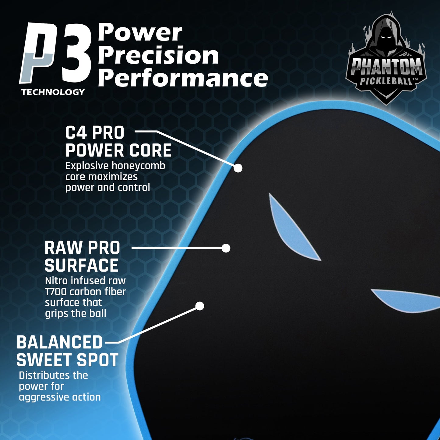 A close-up of the Phantom Pickleball PHANTOM SNIPER PRO 12MM T700 Raw Carbon Fiber Paddle shows its advanced design, C4 Pro Power Core, raw carbon surface, and Balanced Sweet Spot with the Phantom Pickleball logo and a shadowed phantom figure.