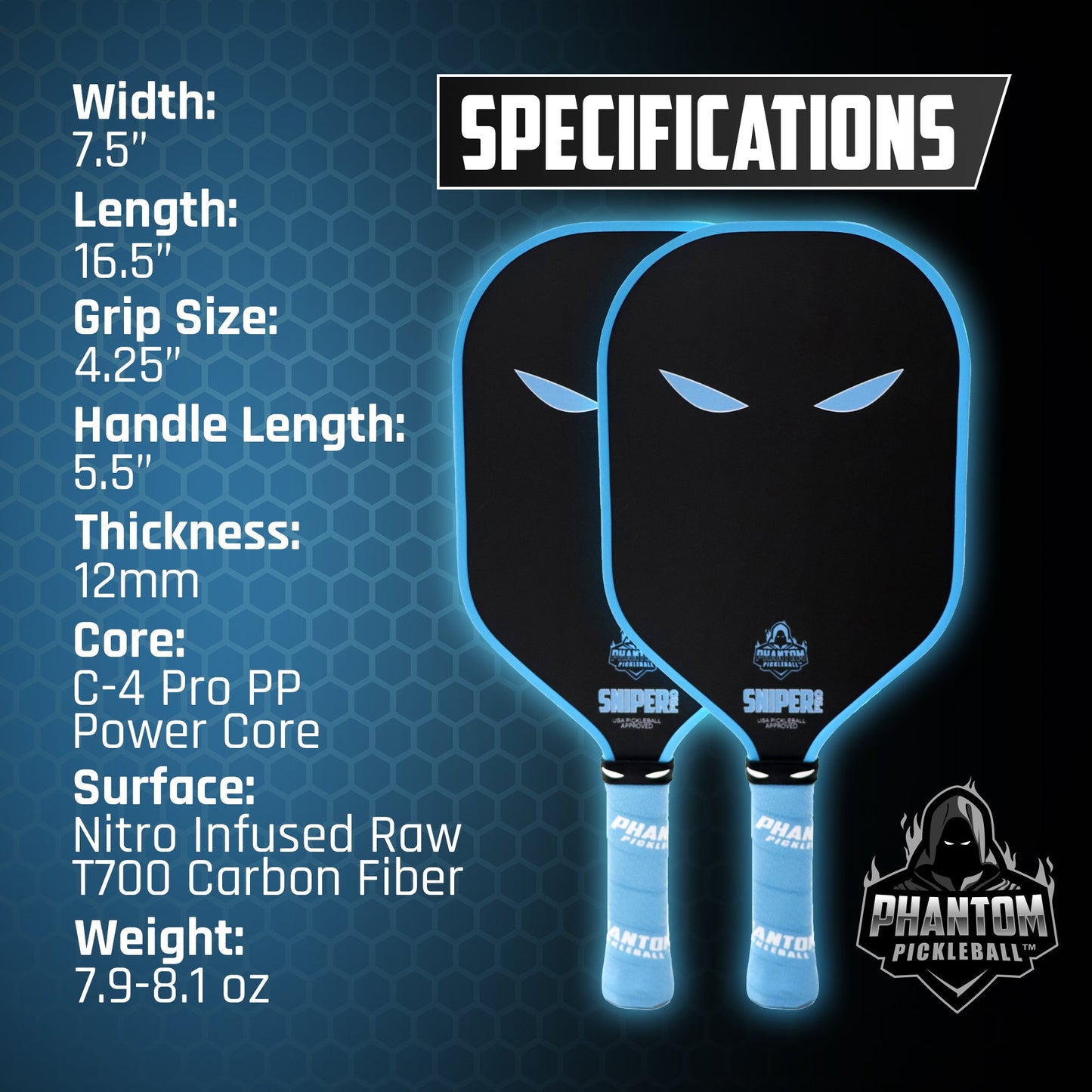 Two PHANTOM SNIPER PRO 12MM T700 Raw Carbon Fiber paddles by Phantom Pickleball, with blue edges, are displayed on a dark hexagonal background. Text highlights specs like core material, grip size, handle length, thickness, and weight. Phantom logo is shown lower right.