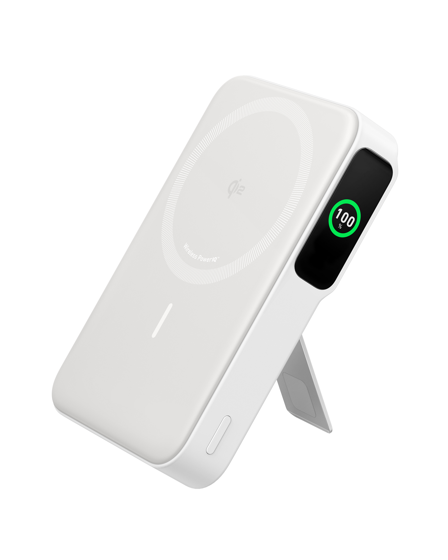 The Anker MagGo Power Bank (10K) by Anker features a sleek white design, built-in kickstand, side display showing 100% charge, and a Qi2 certified charging pad with the “qi” logo on the front.