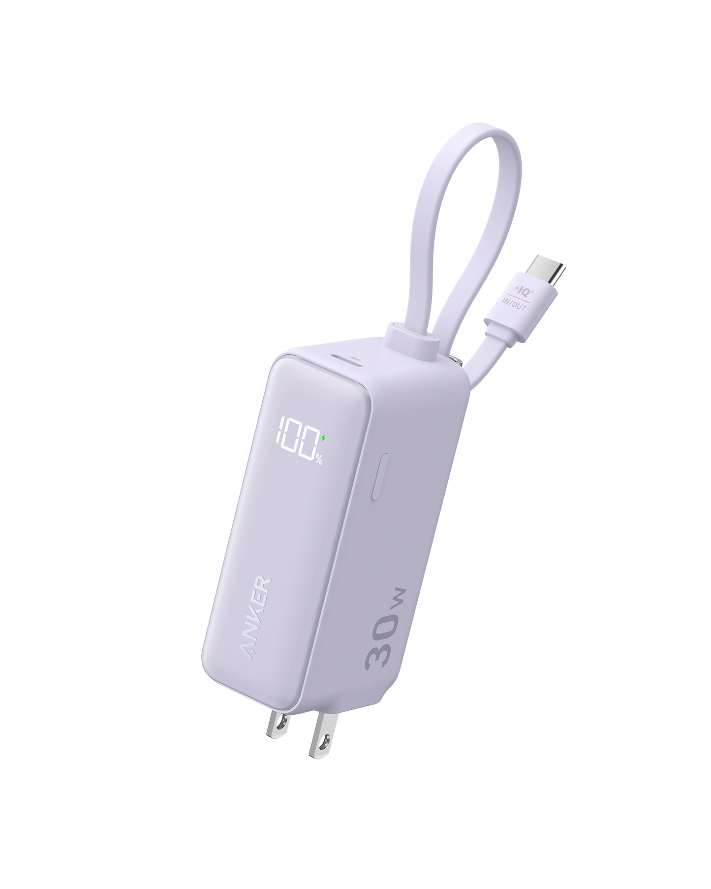 A lavender Anker Power Bank (30W, 5k, Fusion) with foldable prongs, built-in USB-C cable loop for easy carrying, a digital display showing 100%, and the Anker logo on the side. Includes USB-C cable. White background.