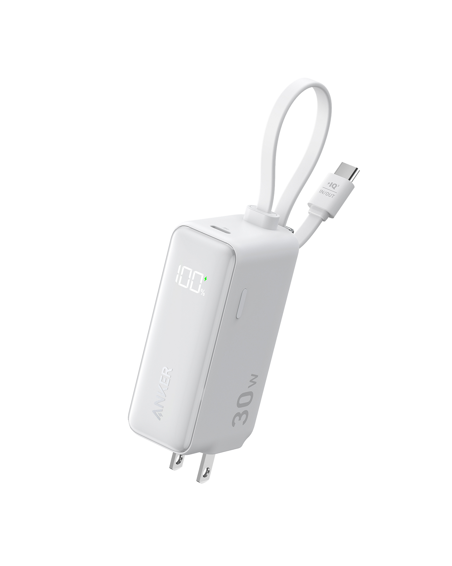 The Anker Power Bank (30W, 5k Fusion, Built-In USB-C Cable) stands upright, showing a white design with foldable prongs, a digital display reading "100," and its built-in USB-C cable looped and attached.