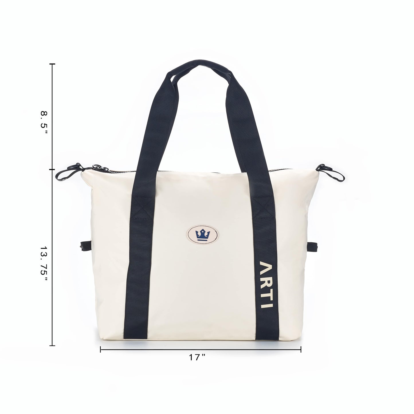 The ARTI Cream Duffle Bag features black straps, a zipper, crown emblem, and "ARTI" print on a white background. Size: 17"W x 13.75"H x 8.5"D.