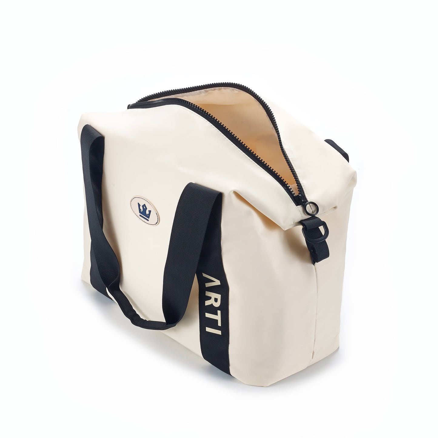 The ARTI Cream Duffle Bag by ARTI is a polyester travel bag with black handles, a large black zipper, “ARTI” printed vertically in white, and a small circular logo with a blue crown. It’s displayed against a plain white background.