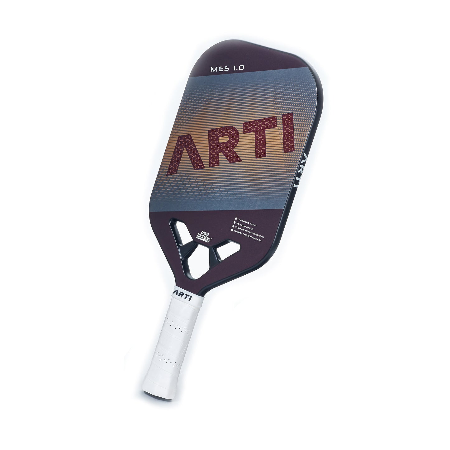 The ARTI Carbon Fiber "MASTERY ELITE 1.0" paddle features a modern geometric design on textured T700 carbon fiber, a white grip, and bold red “ARTI” lettering across the dark face with “MASTERY ELITE 1.0” at the top. USAPA approved.