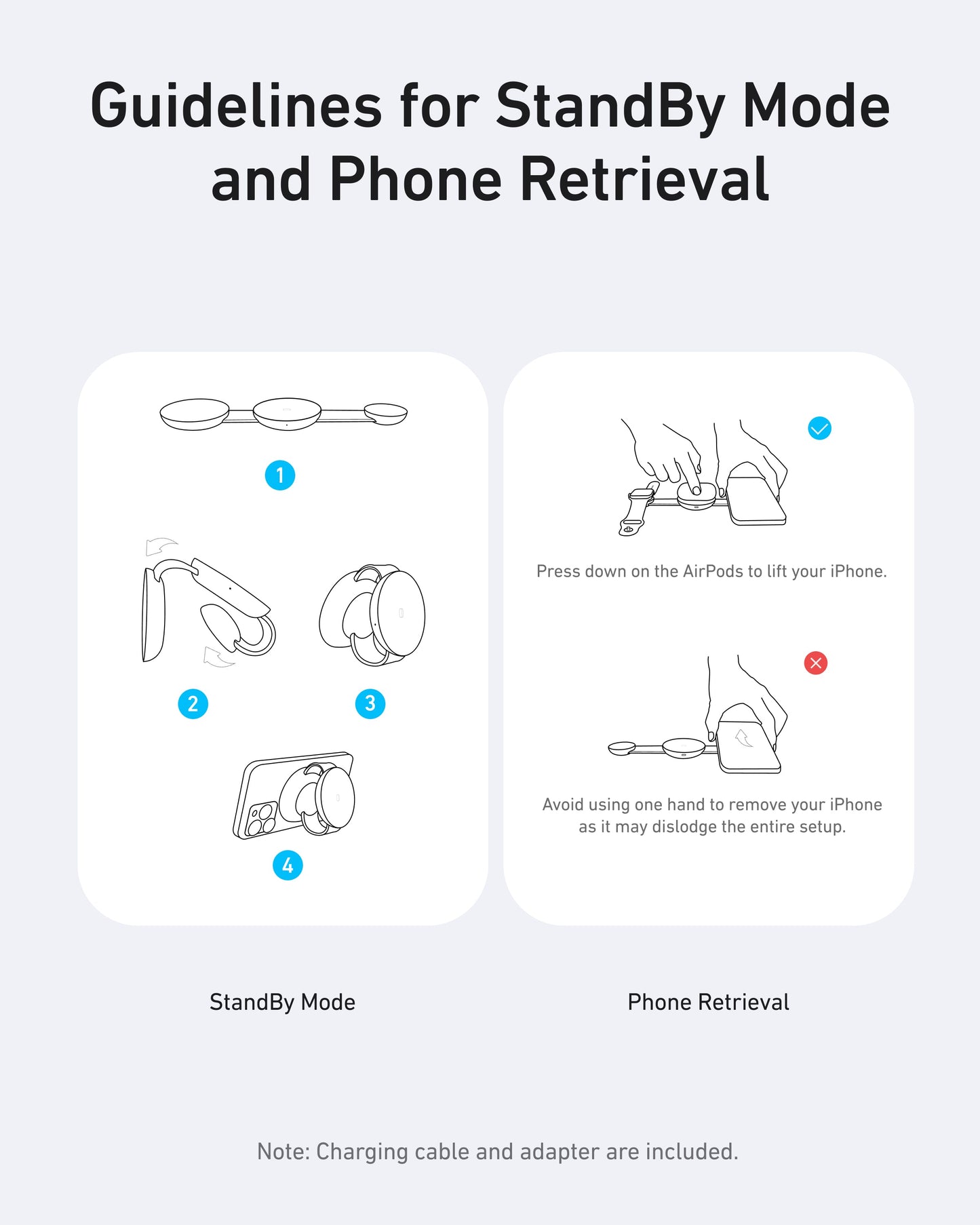 Instructional graphic shows how to use StandBy Mode and retrieve your phone with the Anker MagGo Wireless Charging Station (3-in-1, Foldable Pad). Demonstrates placing AirPods, iPhone, and Apple Watch on the MagSafe-compatible charger. Cable and adapter included.