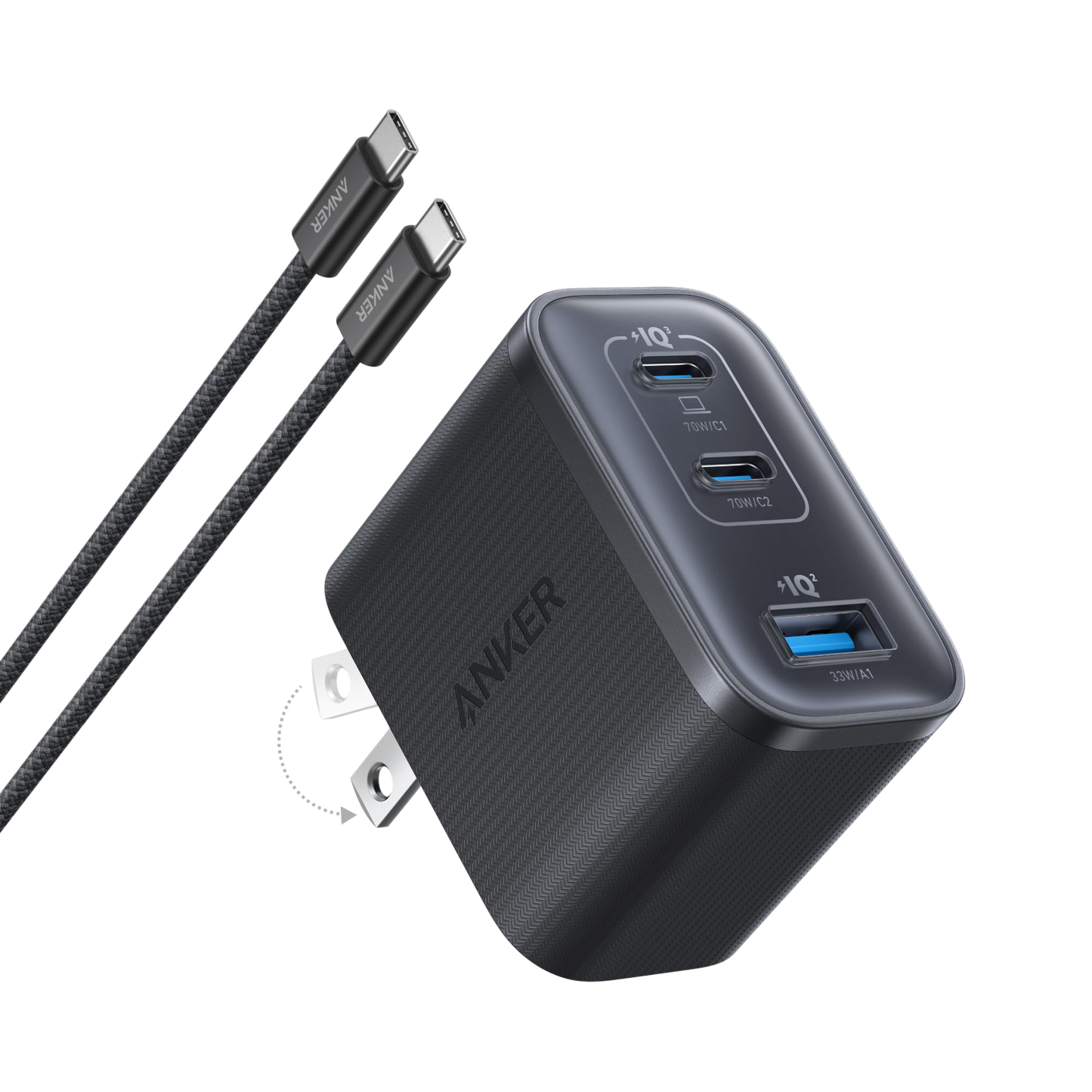 The Anker Nano Charger (70W, 3 Ports) in black has foldable prongs, two USB-C and one USB-A port. Two braided Anker USB-C to USB-C cables are placed beside the compact charger, all on a white background.