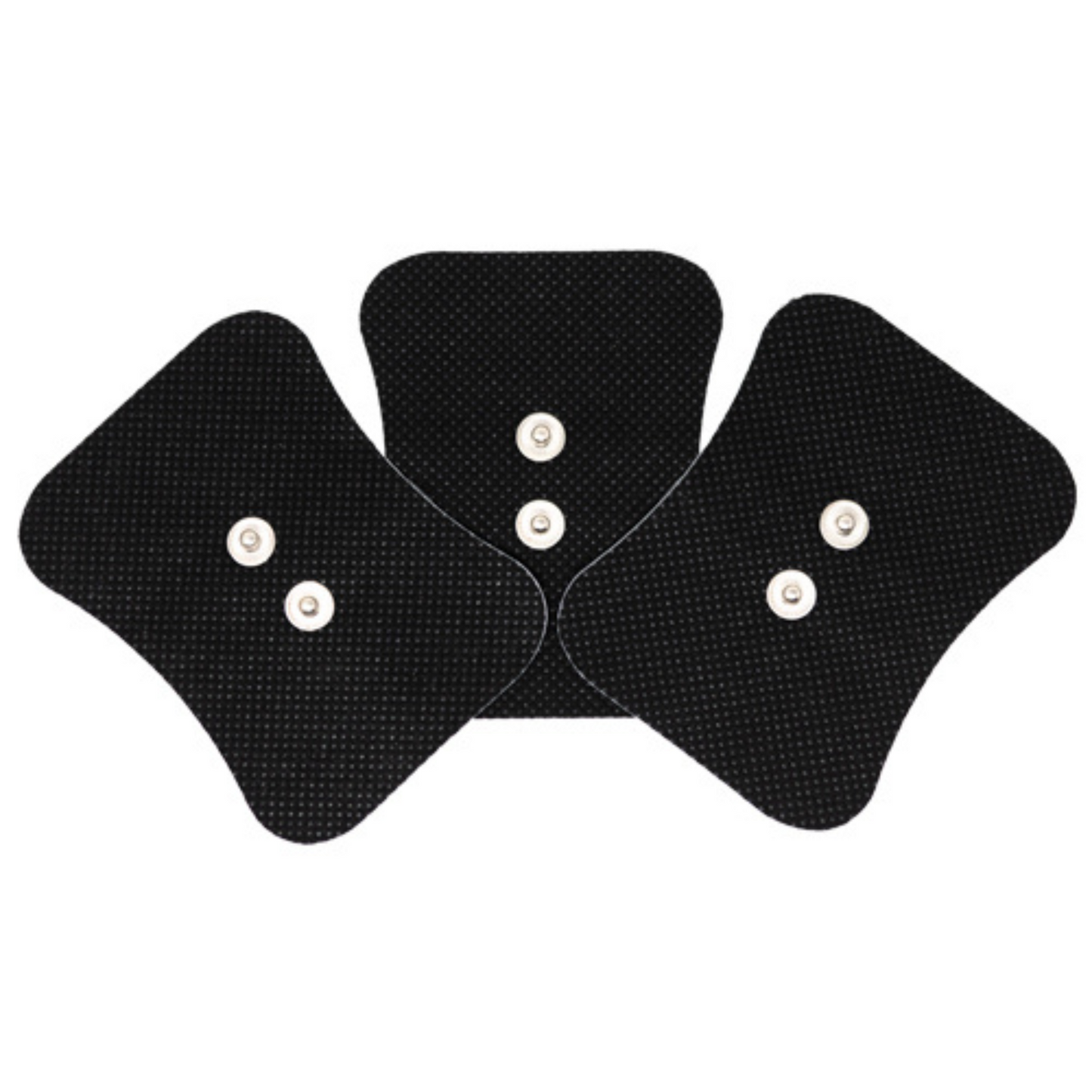 Three black, rectangular iReliev Premium WiTENS Electrode Pads (3 CT) with snap-style connectors and textured surfaces are arranged in a row, each featuring two silver centers for PRO-100 Mini TENS cables against a white background.