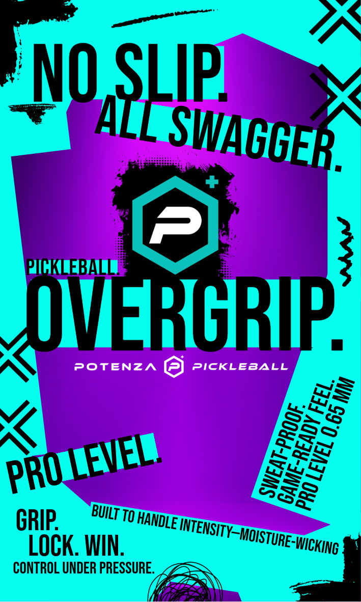 Bold, vibrant ad for Potenza Pickleball’s PROX Tacky Overgrip (4-pack). Features "No Slip. All Swagger," "Pro Level," and “Sweat-Proof, Game-Ready Feel”—moisture-wicking grip. Purple background with burst Potenza logo.