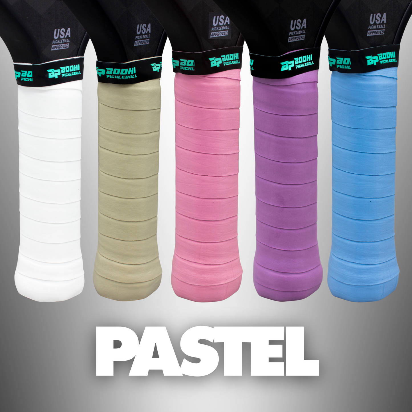 Five baseball or softball bats wrapped with Bodhi Performance PROtack™ Premium Pickleball Overgrips in white, light tan, pale pink, soft lavender, and light purple are displayed side by side on a gradient gray background above “PASTEL.”.