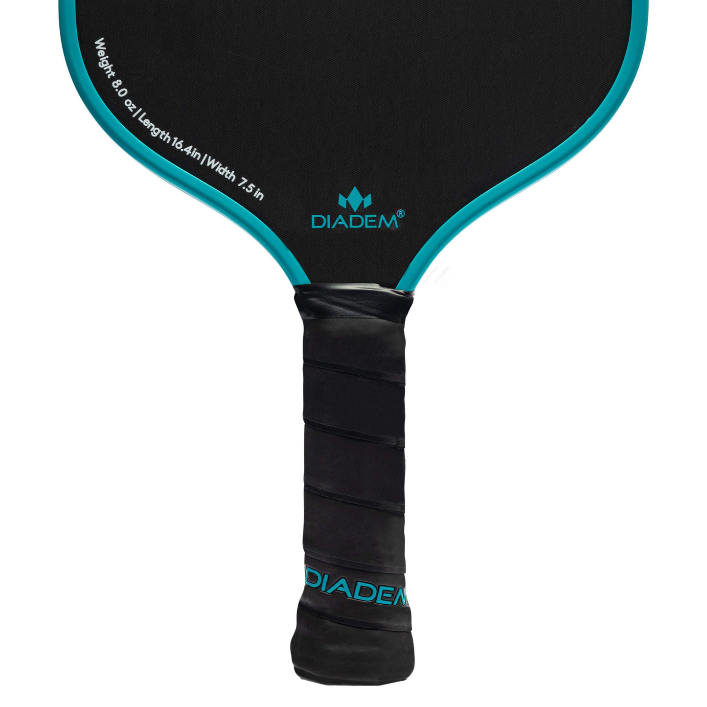Close-up of the Diadem Sports Warrior Edge pickleball paddle, featuring an etched carbon face, turquoise outline, and black grip tape handle with “DIADEM” text and white-printed specs on the edge. USAPA approved.