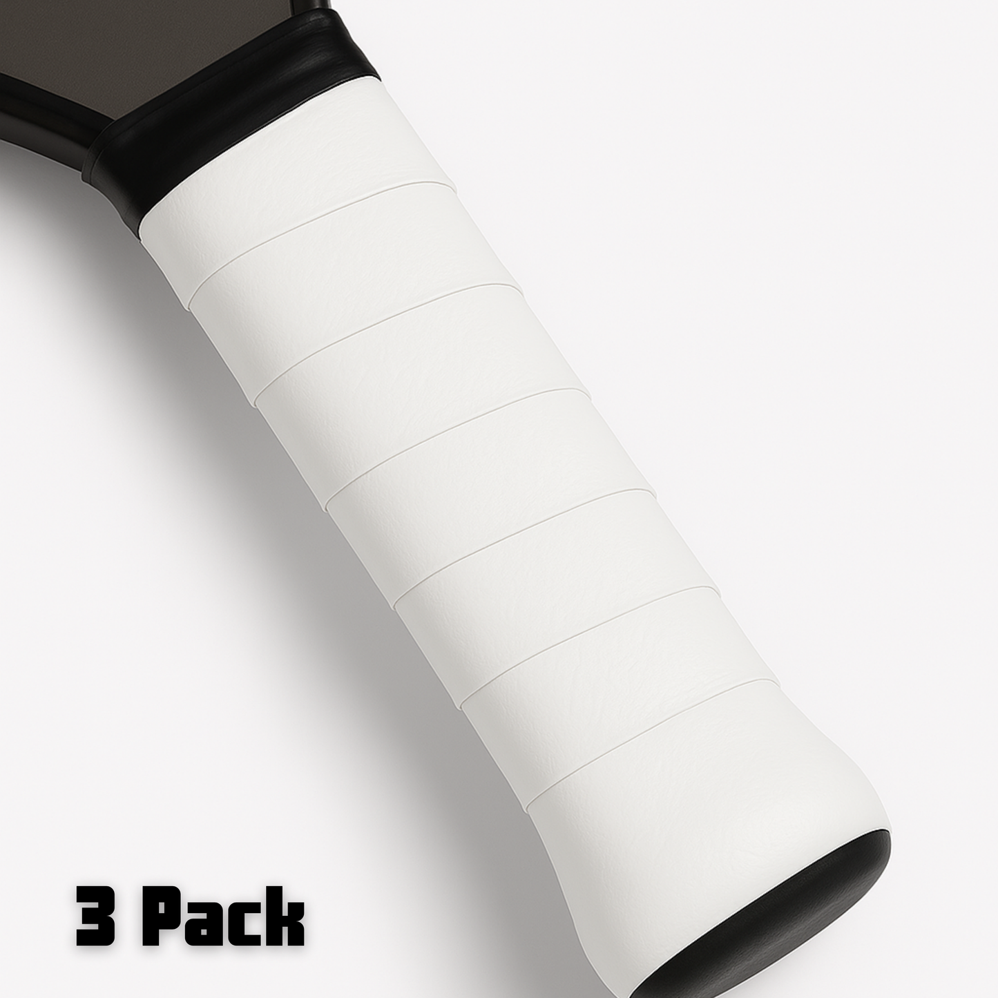 Close-up of a paddle handle wrapped in Edgy Pickleball Hybrid Overgrip (ultra tacky, white) against a white background. The black handle base contrasts with bold "3 Pack" text in the lower left corner.