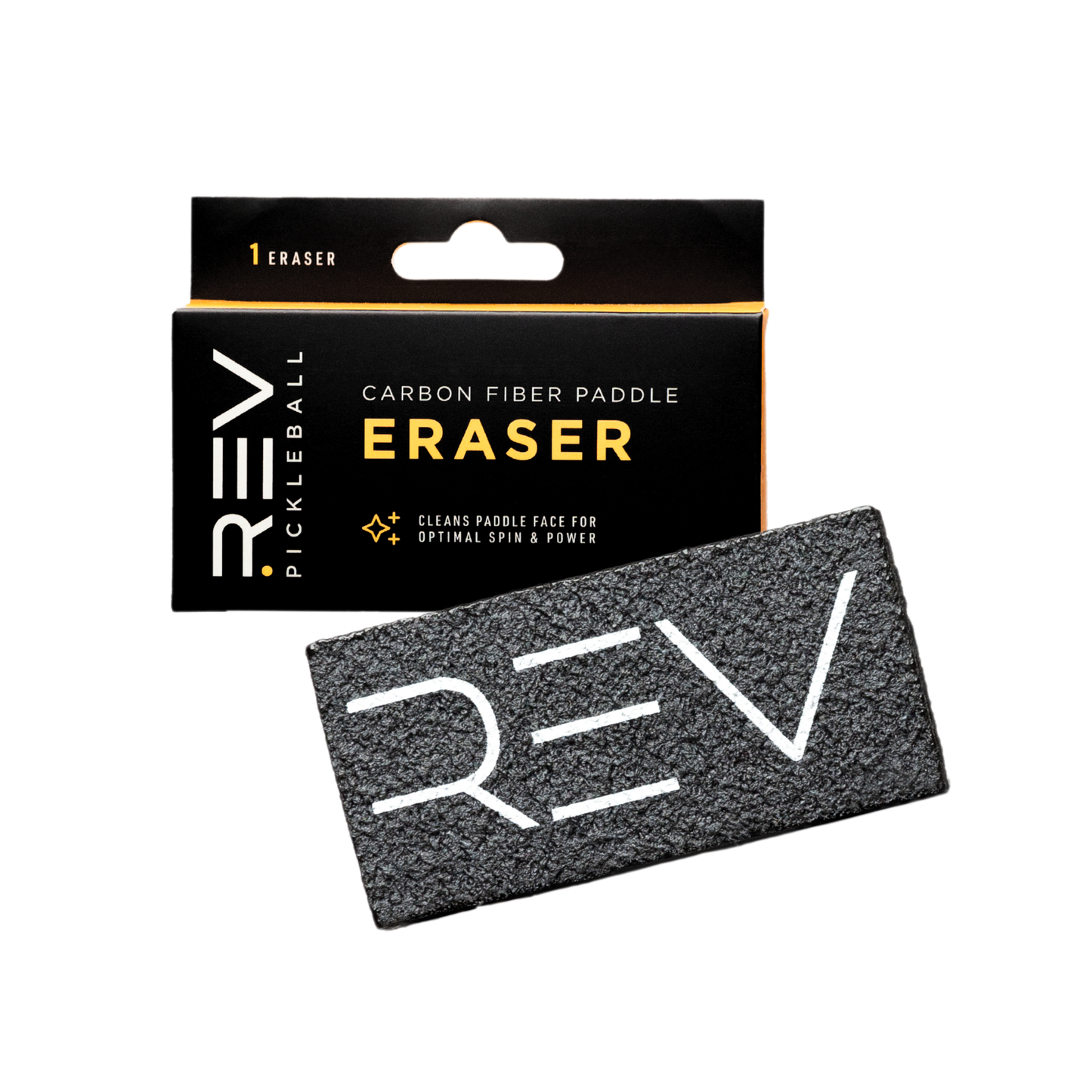 The REV Pickleball Carbon Fiber Paddle Cleaner is a textured black eraser with bold white “REV” lettering, designed for raw carbon fiber paddles to keep the paddle face clean for optimal spin and power.