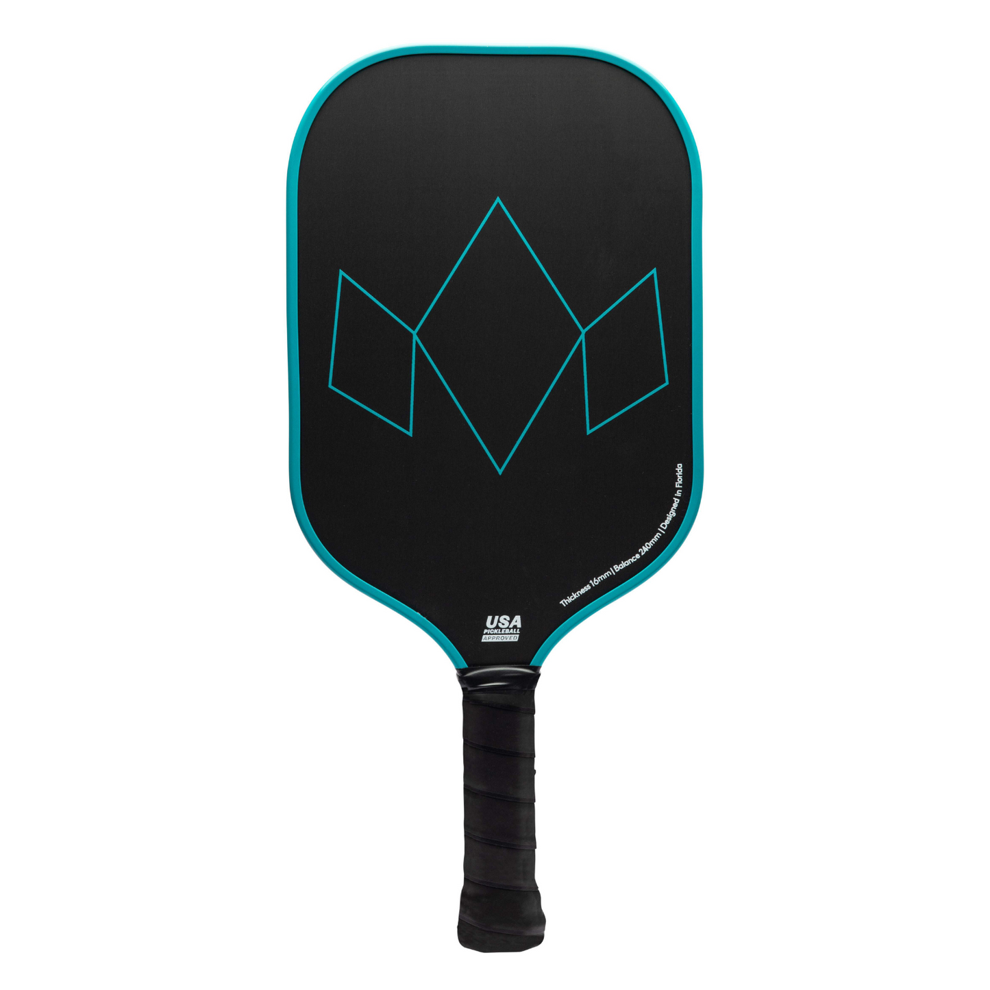 The Diadem Sports Warrior Edge is a black pickleball paddle with a teal outline and handle. Its face showcases a teal geometric crown design on etched carbon and has a small USAPA approved label near the base.