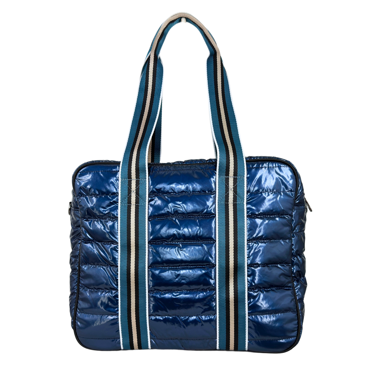 The Queen of the Court Kelsey Pickleball Bag is a shiny, quilted blue tote with vertical stitching, padded texture, sturdy striped webbing handles, and a top zipper—perfect as a stylish ladies’ pickleball bag.