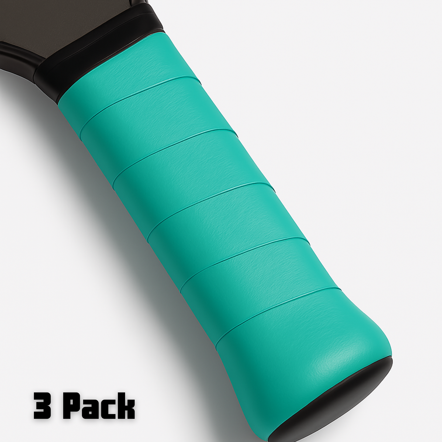 Close-up of a Hybrid Overgrip by Edgy Pickleball wrapped on a tennis racket handle. The turquoise grip provides ultra tacky comfort and moisture wicking. White background features "3 Pack" in bold black text at the bottom left corner.
