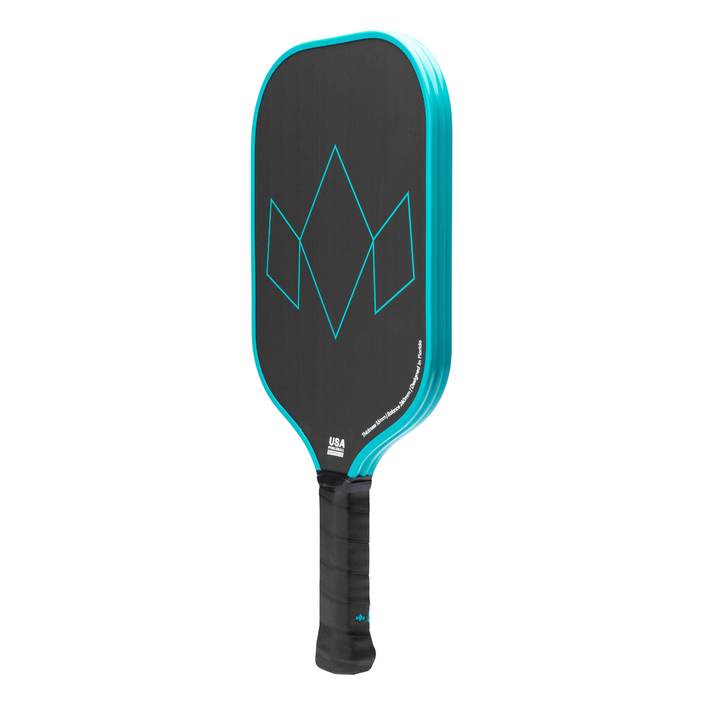 The Diadem Sports Warrior Edge is a black pickleball paddle featuring a thick turquoise edge, geometric outline design, etched carbon face, black grip tape, and a small white USAPA approved label near the handle.