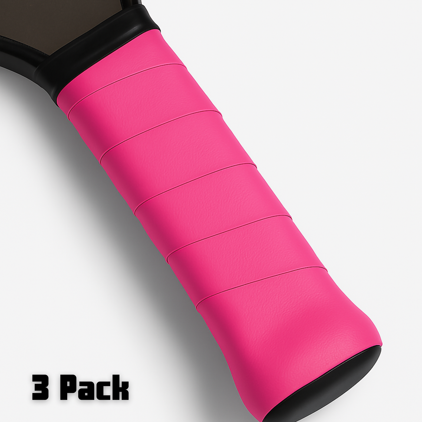 A close-up of an Edgy Pickleball Hybrid Overgrip - 3 Pack in ultra tacky bright pink wrapped on a paddle handle. The background is white, with "3 Pack" in bold black text at the lower left.