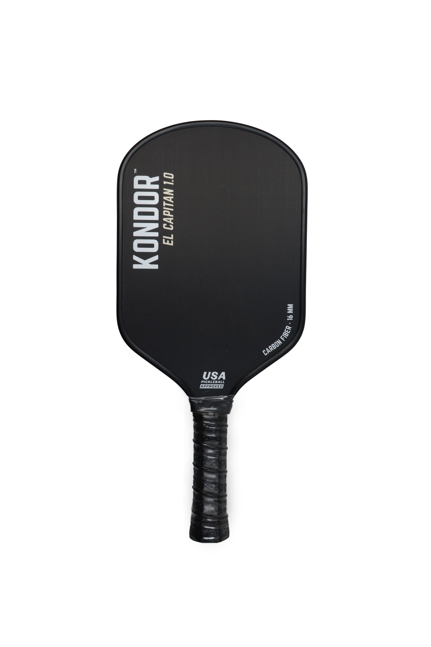 A black raw carbon paddle labeled KONDOR PICKLEBALL El Capitán 1.0 with white text. It features an extended energy grip, and "USA Pickleball Approved" plus "Carbon Fiber 10mm" printed near the honeycomb core at the base.