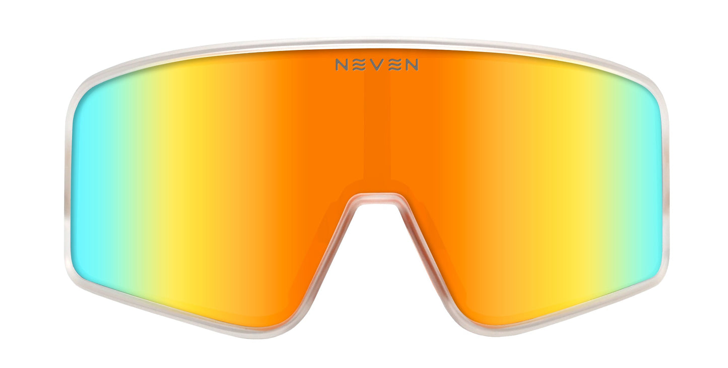 Neven Eyewear’s Energy sunglasses feature a single, continuous rectangular lens in a vibrant orange, yellow, and light blue gradient with rounded edges, minimal light-colored frame, and “NEVEN” displayed at the top center.