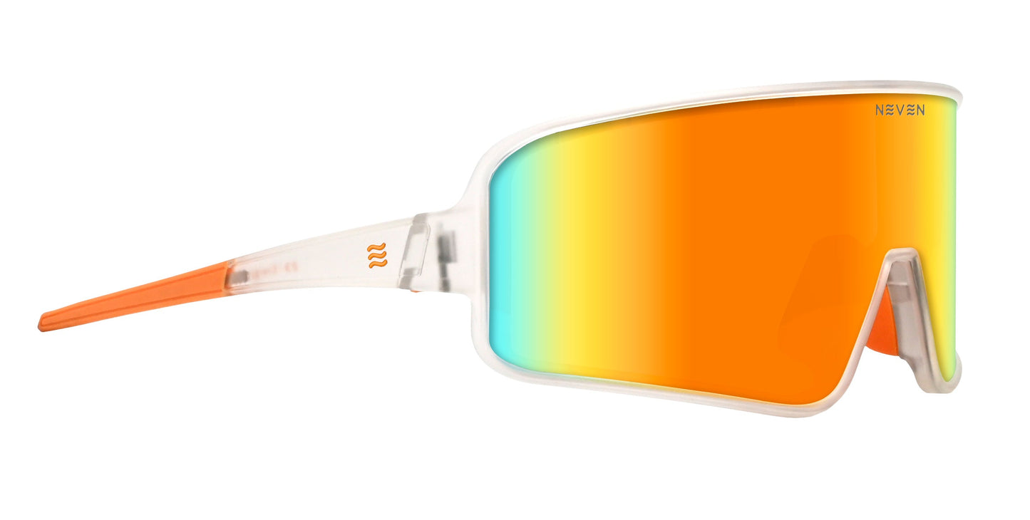 The Neven Eyewear Energy sunglasses feature a futuristic design with a single large, orange-tinted reflective lens fading to yellow and blue, a clear plastic frame, an orange-tipped arm, and the “NEVEN” logo in the upper corner.