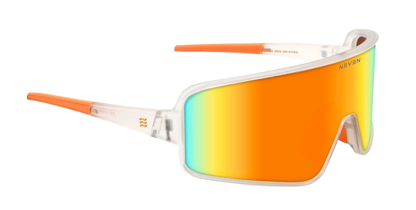 The Energy by Neven Eyewear features sporty shield sunglasses with a single oversized orange gradient lens, a transparent frame, orange arms, and NEVEN branding for a bold, modern look—perfect for active lifestyles.