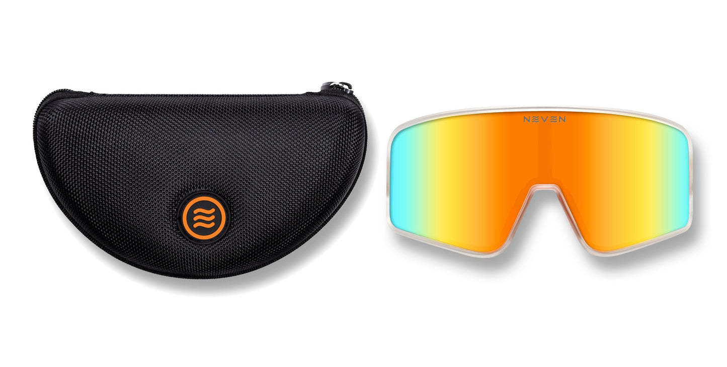 A black zippered sunglasses case with an orange logo sits beside Neven Eyewear Energy shades, which have a white frame and wide, seamless reflective lenses with orange-yellow and blue edges. NEVEN is subtly displayed on the lens.