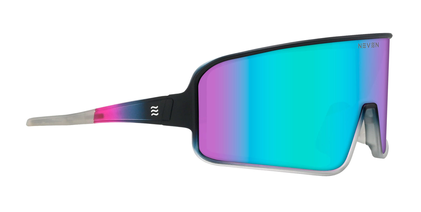 The Neven Eyewear G.O.A.T sport sunglasses feature a single impact-resistant lens in a blue-purple mirrored gradient, black upper frame, pink-to-clear temples, and "NEVEN" etched on the top right geometric lens edge.