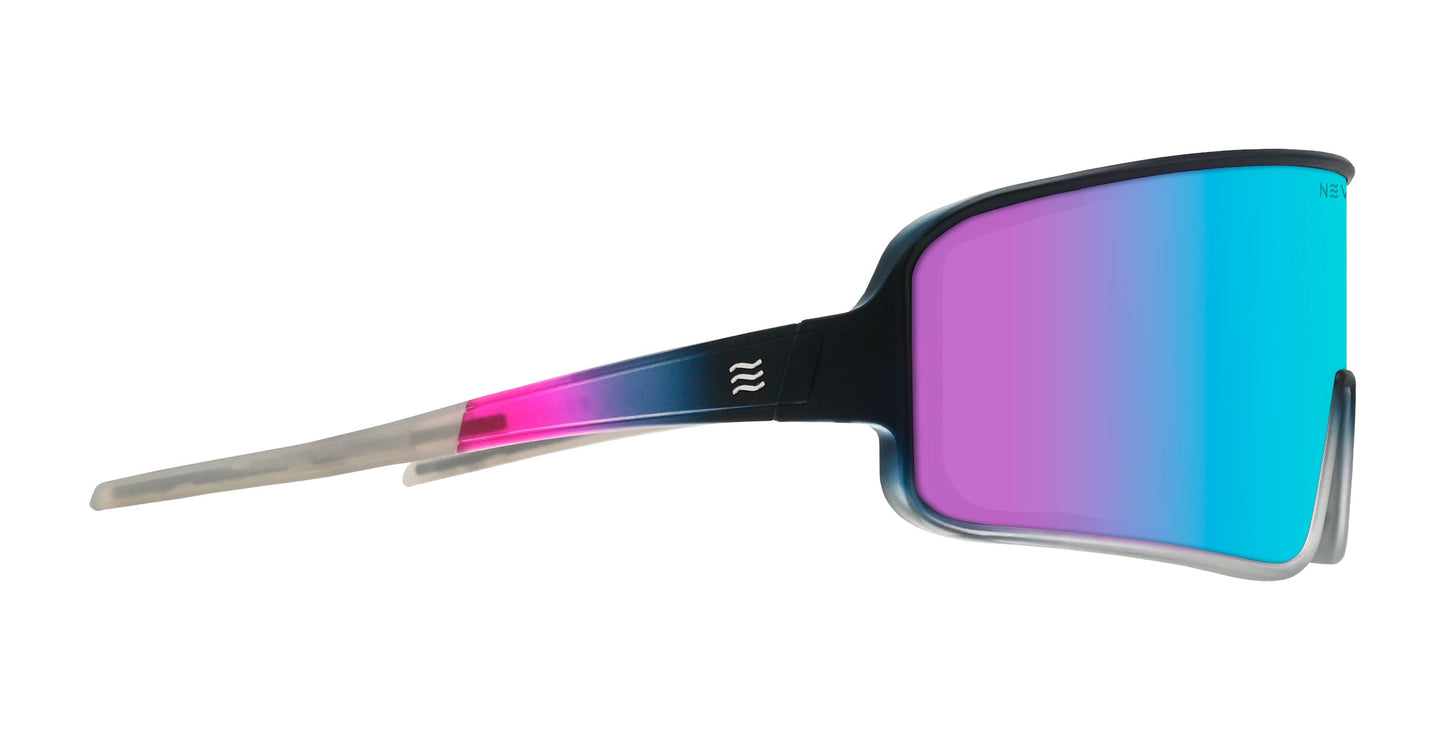 Side view of Neven Eyewear’s G.O.A.T sunglasses featuring a single wraparound blue-to-purple mirrored lens and a sleek black and gray frame that shifts to pink and translucent white at the temple, with polarized UV400 protection.
