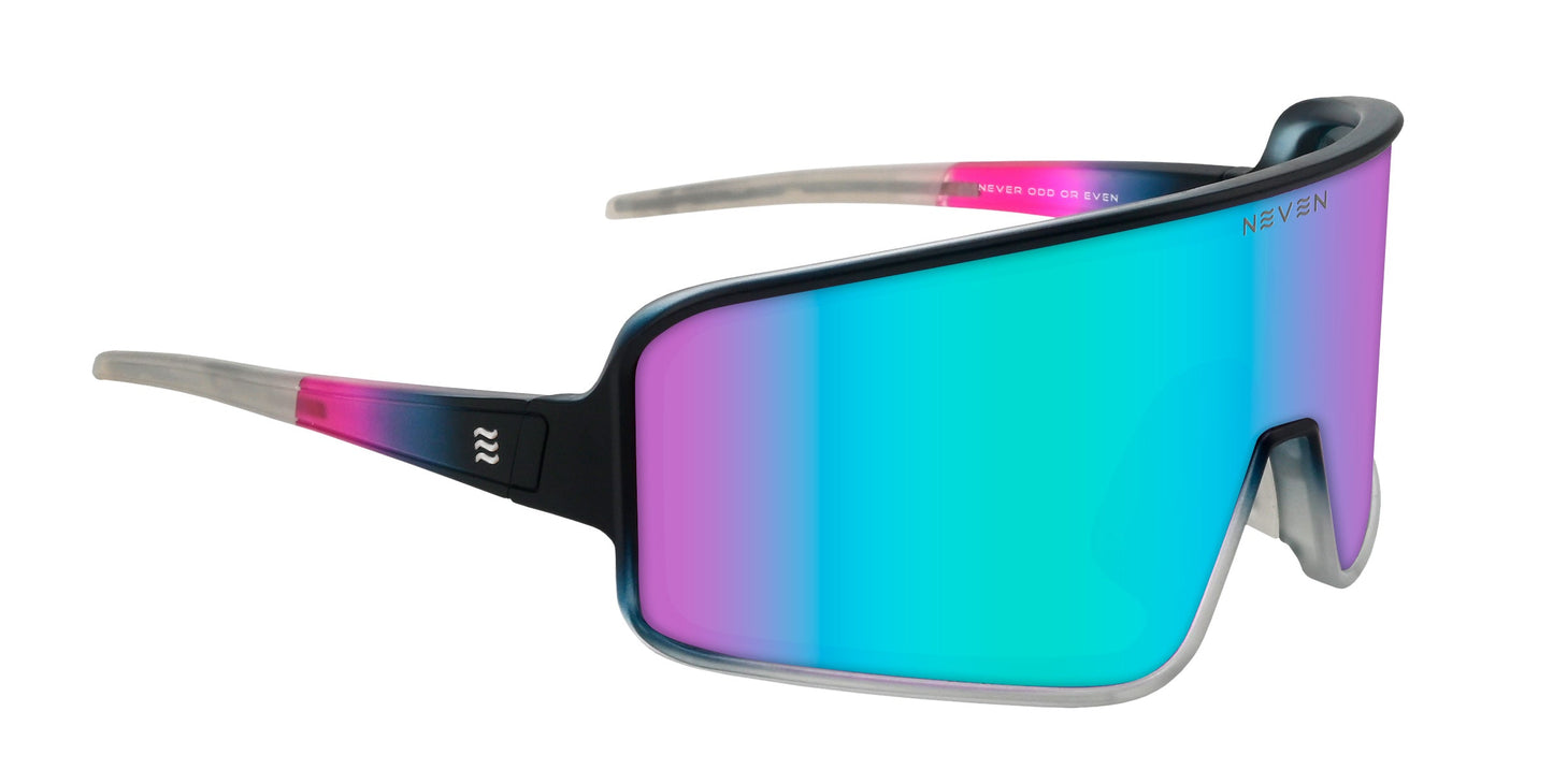 Neven Eyewear’s G.O.A.T sunglasses feature a large, wraparound blue-to-pink gradient mirrored lens with polarized UV400 protection, black frame, transparent pink-fade temples, and “NEVEN” printed on the lens.