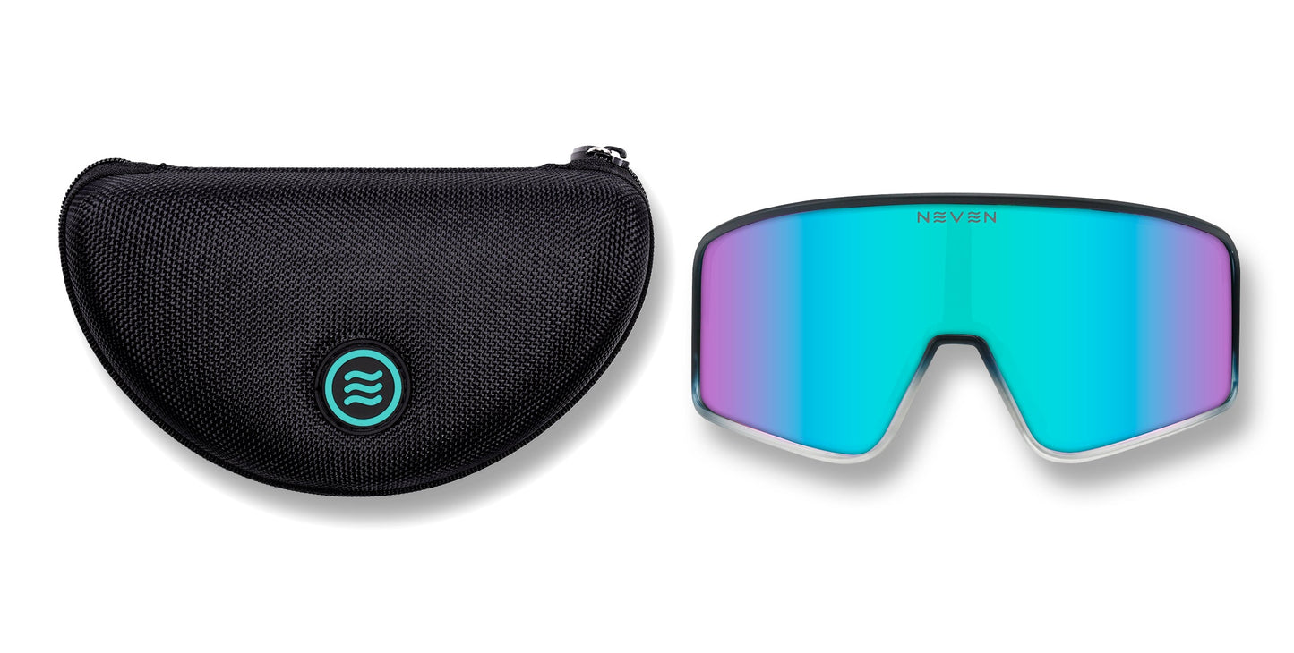 A black zippered sunglasses case with a blue wave logo sits beside rimless Neven Eyewear G.O.A.T sunglasses with impact-resistant lenses. Both are showcased on a white background, emphasizing their modern design and durability.