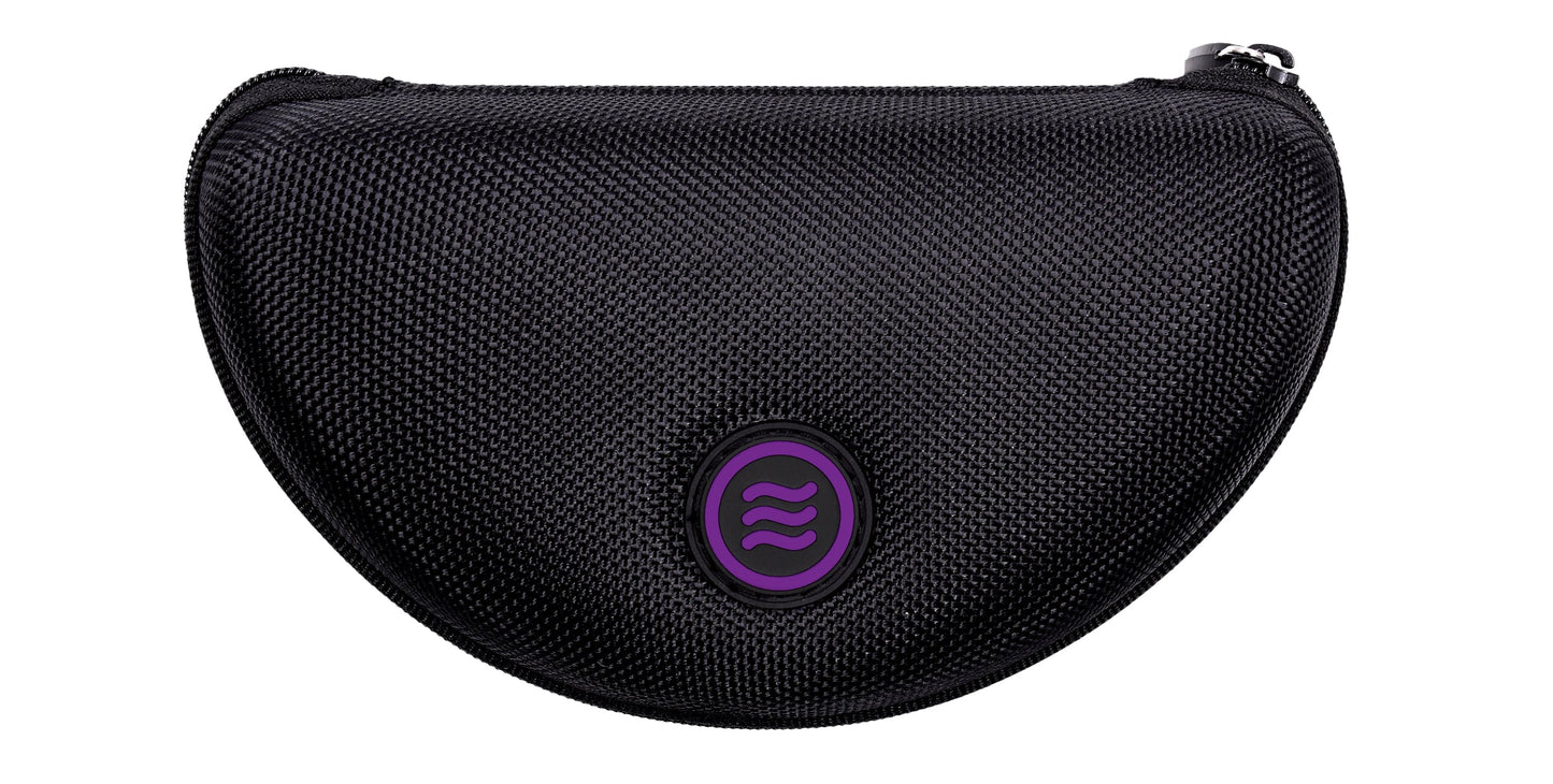 The Neven Eyewear Mattingly is a black, semi-circular textured eyeglasses case with a zipper along the curved edge. A round emblem with three purple wavy lines on the center adds vintage flair to its sturdy, protective design.