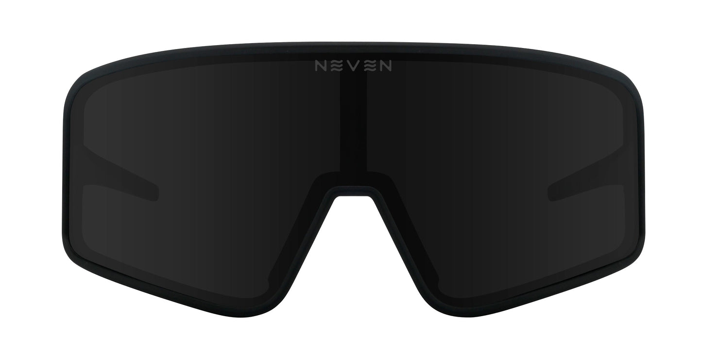 Resilience by Neven Eyewear: Futuristic oversized sunglasses with a single black shield lens, angular bridge, and sleek NEVEN logo in white at the top center—no visible frame separation for a bold modern look.