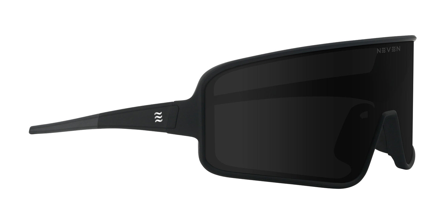 Resilience by Neven Eyewear are matte black athletic shades with a single curved rectangular shield lens, straight arms featuring a white wavy logo near the hinges, and "NEVEN" subtly printed on the upper right lens.