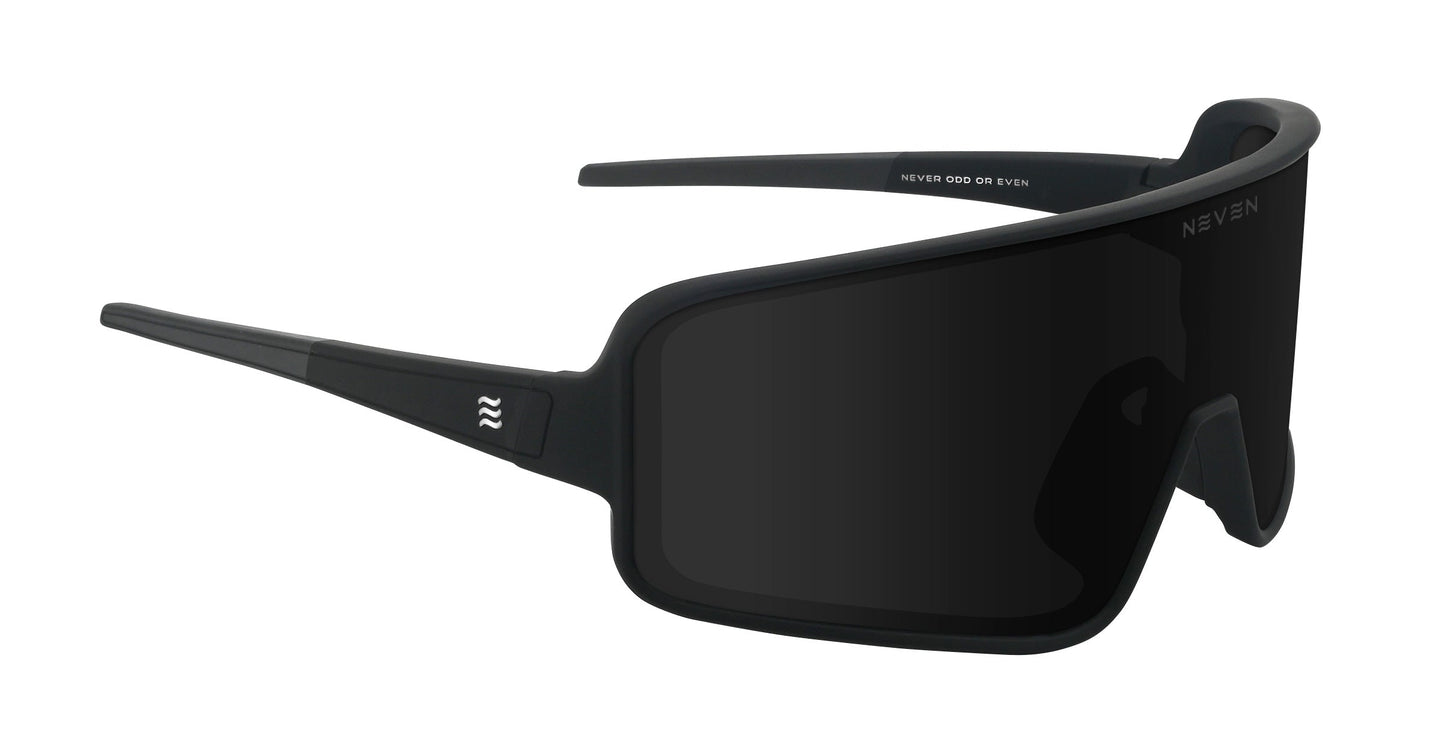 A sporty pair of matte black Resilience sunglasses by Neven Eyewear, featuring large rectangular black shield lenses, thick temples with a zigzag logo by the hinge, and “NEVEN” printed on both the inside and outside of the arms.