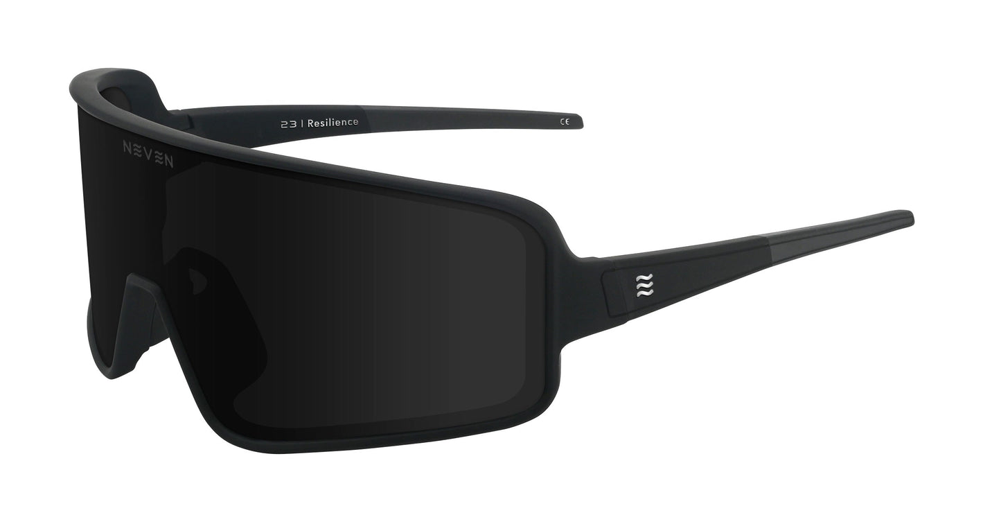 Black wraparound athletic shades from Neven Eyewear featuring a large single black shield lens, thick matte black frame, wide arms. "Resilient" and "22" on the left arm; "Neven" lightly printed on the lens. Product name: Resilience.