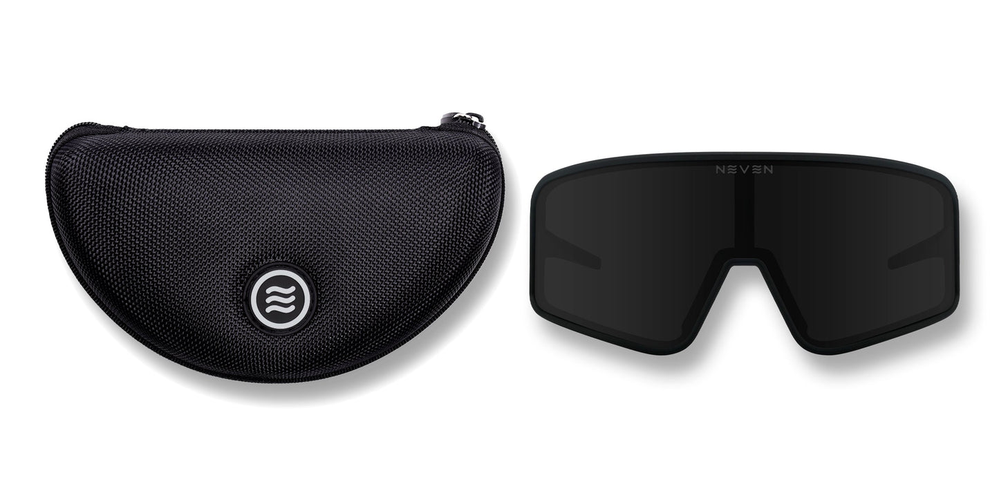 A textured black zippered case with a circular white logo sits beside Neven Eyewear's Resilience shades—large, frameless athletic sunglasses with a black shield lens and NEVEN branding at the top—on a white background.