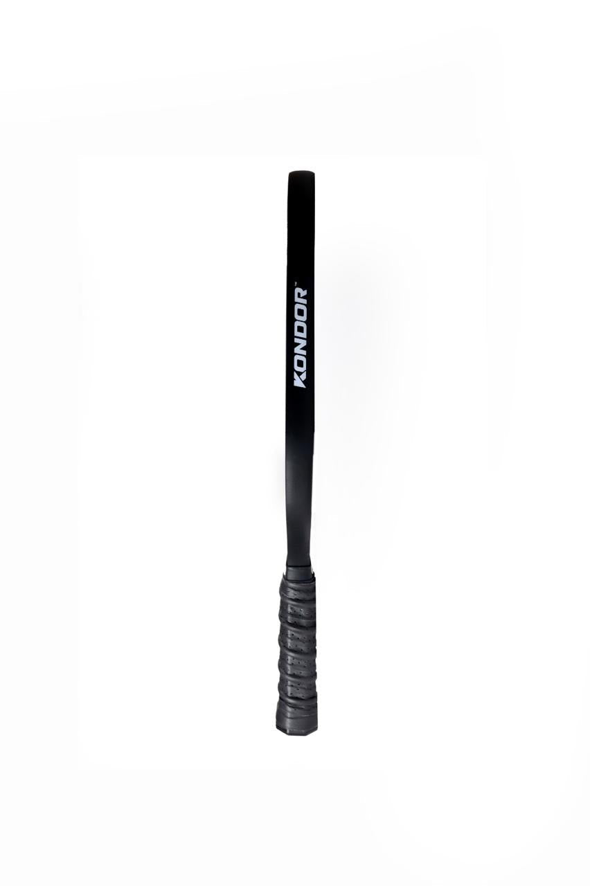 A black DUNE 3K Carbon Pickleball Paddle by KONDOR PICKLEBALL features a textured EVA comfort grip and the brand name in white near the top, displayed vertically, all shown against a plain white background.