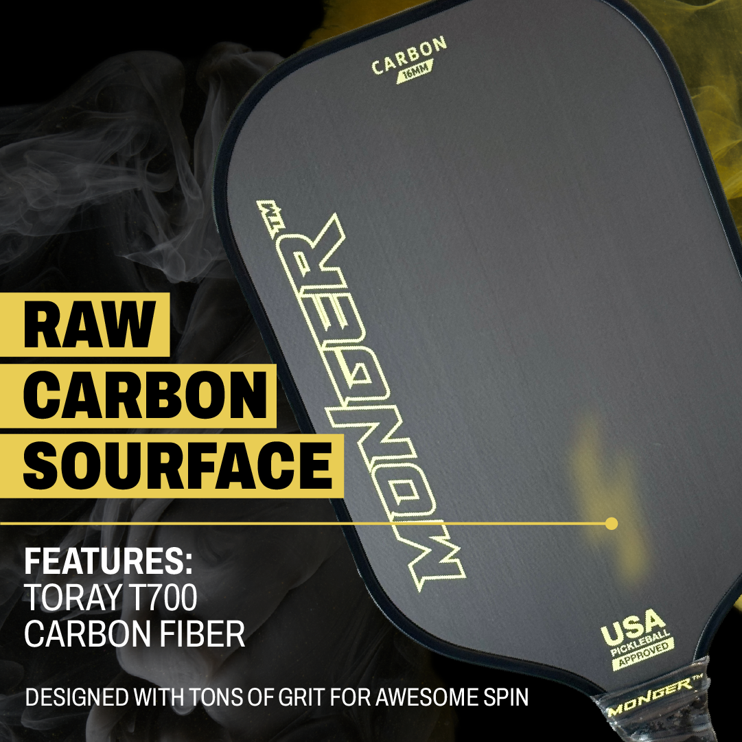 Close-up of a white PickleballMonger Monger 16mm Carbon Power Pro paddle with T700 Toray carbon fiber, thermoformed 16mm polymer core, “Raw Carbon Surface” text, bold yellow overlays, smoky accents, and tagline: Built for gritty spin. Free cover included.