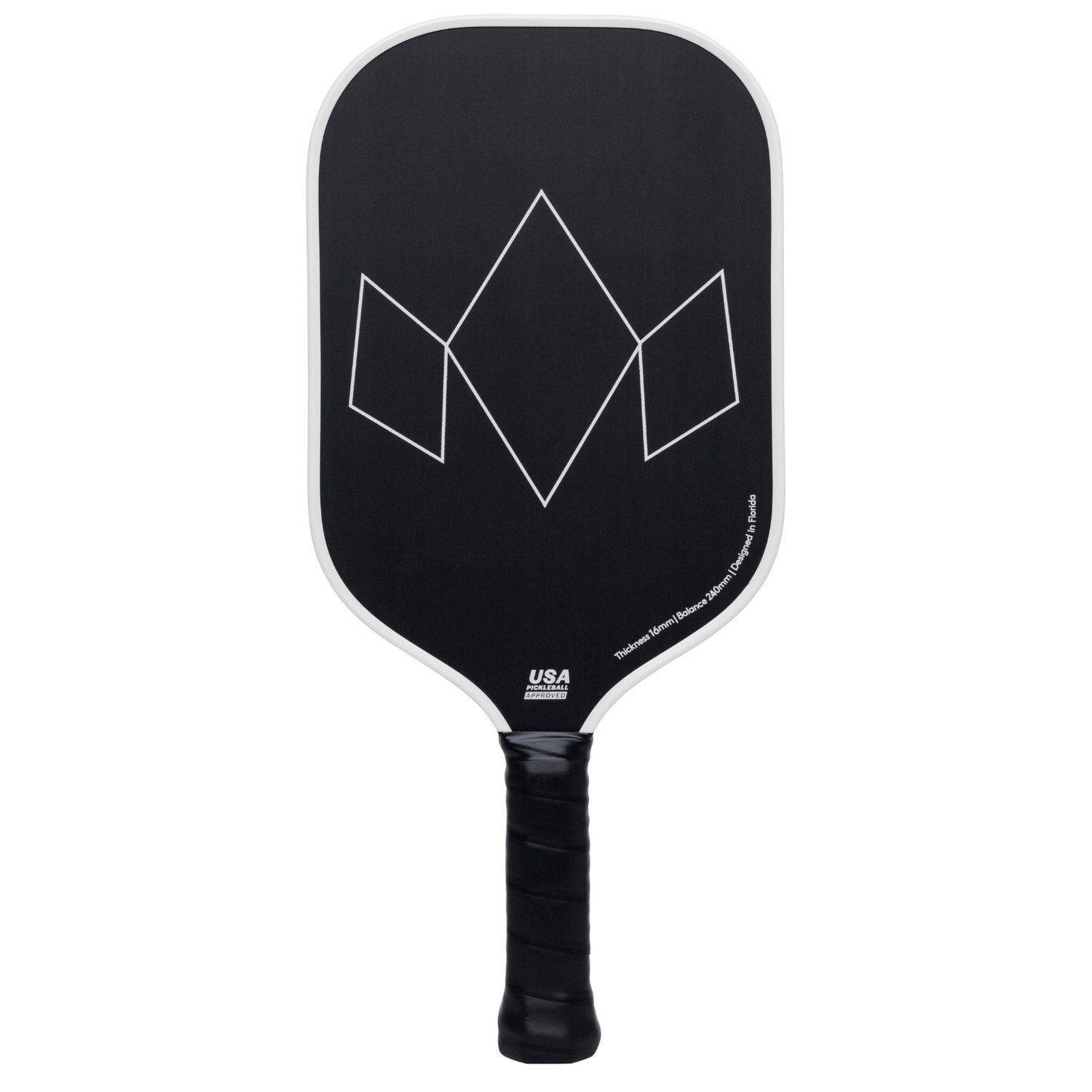 The Diadem Sports Warrior Edge is a black pickleball paddle featuring a white geometric diamond design, etched carbon face, white edge, and black textured grip. "USA Pickleball Approved" appears near the handle on a plain white background.