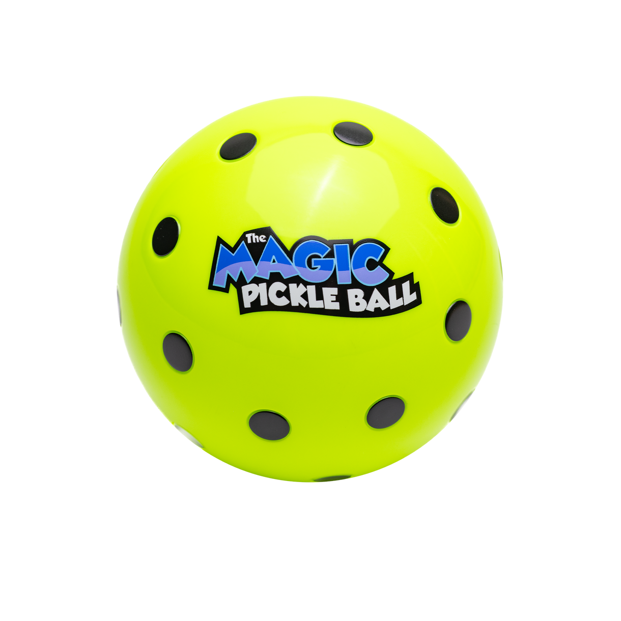 A vibrant yellow pickleball by Moment Pickleball, featuring evenly spaced black holes and labeled “The Magic Pickleball!! Your Pickleball Destiny Awaits!”—a standout gift or novelty toy on a plain white background.